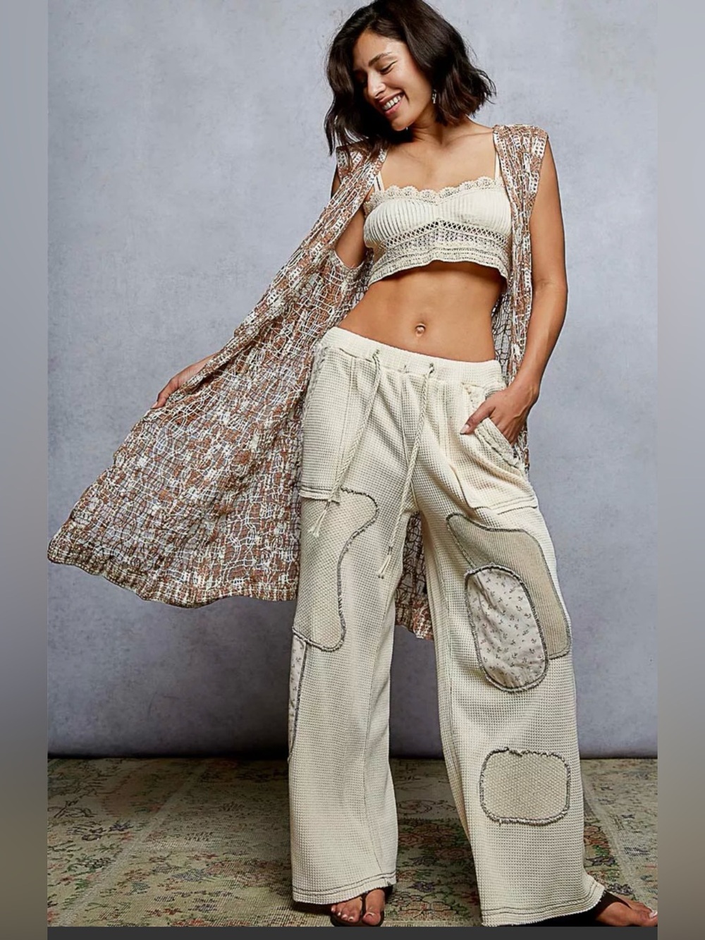 POL Metal Button Down Crochet Sleeveless Longline Cardigan.